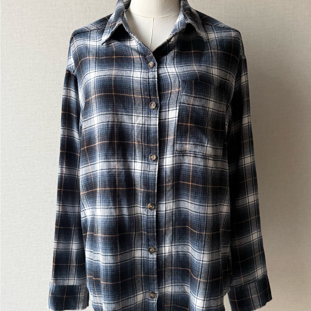 Hollister Blue and White Plaid Button-Down Shirt with Brown Accents